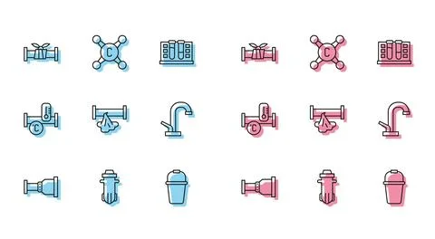 Set line Pipe adapter, Water filter, Industry metallic pipe, Bucket, Broken, tap Stock-Illustration