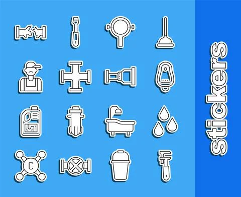 Set line Pipe adjustable wrench, Water drop, Toilet urinal or pissoir, Filter Ilustração Stock