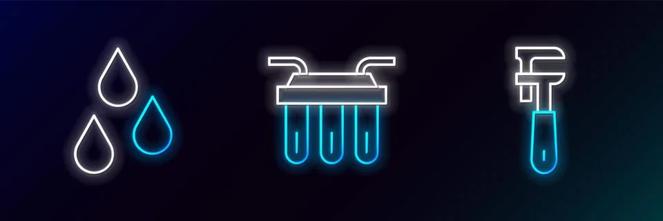 Set line Pipe adjustable wrench, Water drop and filter icon. Glowing neon. .. Ilustração Stock
