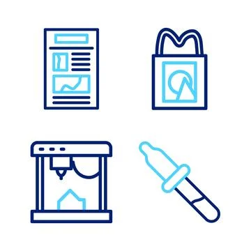 Set line Pipette, 3D printer, Paper shopping bag and News icon. Vector Stock Illustration