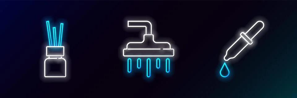 Set line Pipette, Aroma diffuser and Shower head icon. Glowing neon. Vector Stock Illustration