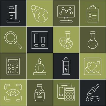 Set line Pipette, Data visualisation, Test tube, Genetic engineering, Graph c Stock Illustration