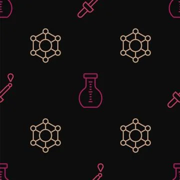 Set line Pipette, Molecule and Test tube on seamless pattern. Vector Illustrazione stock