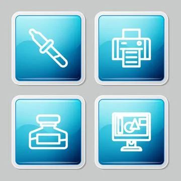 Set line Pipette, Printer, Ink bottle and Computer monitor screen icon. Vector Stock Illustration