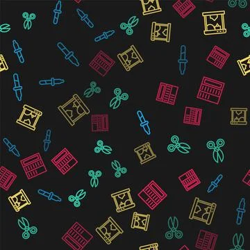 Set line Pipette, Scissors, 3D printer and Brochure on seamless pattern. Vector Stock Illustration