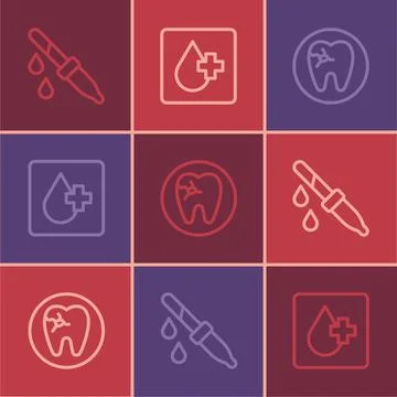 Set line Pipette, Tooth with caries and Blood test icon. Vector Illustrazione stock