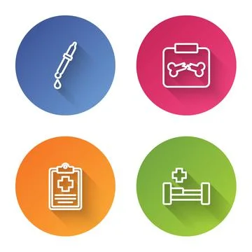 Set line Pipette, X-ray shots with broken bone, Patient record and Hospital bed Stock Illustration