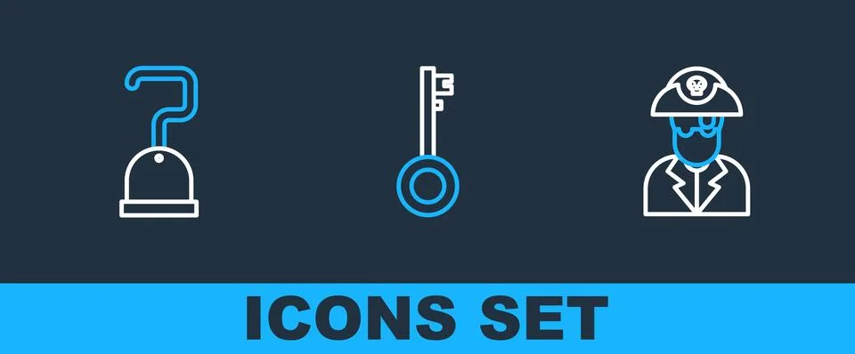 Set line Pirate captain, hook and key icon. Vector Stock Illustration