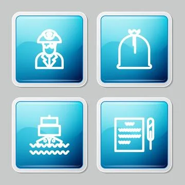 Set line Pirate captain, sack, Ship and Feather pen and scroll icon. Vector 스톡 일러스트