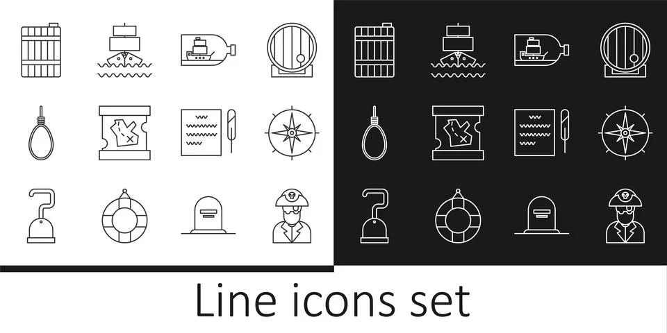 Set line Pirate captain, Wind rose, Bottle with ship inside, treasure map, .. Stock Illustration