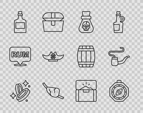 Set line Pirate coin, Compass, eye patch, Alcohol drink Rum, hat, Antique t.. Stock Illustration