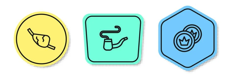 Set line Pirate eye patch, Smoking pipe and coin. Colored shapes. Vector Stock Illustration