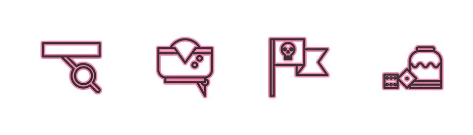 Set line Pirate eye patch, flag with skull, hat and game dice icon. Vector Illustrazione stock
