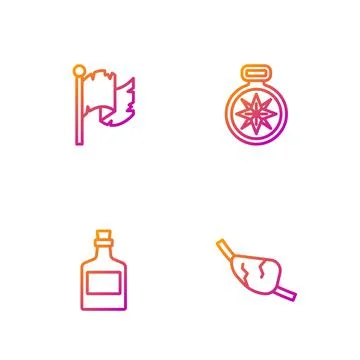 Set line Pirate eye patch, Alcohol drink Rum, flag and Compass. Gradient color 스톡 일러스트