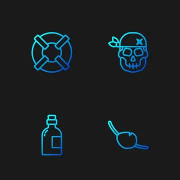 Set line Pirate eye patch, Alcohol drink Rum, Lifebuoy and Skull. Gradient color 스톡 일러스트
