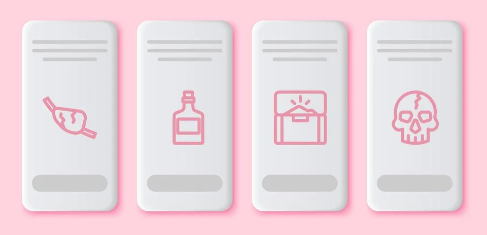 Set line Pirate eye patch, Alcohol drink Rum, Antique treasure chest and Skull Stock Illustration