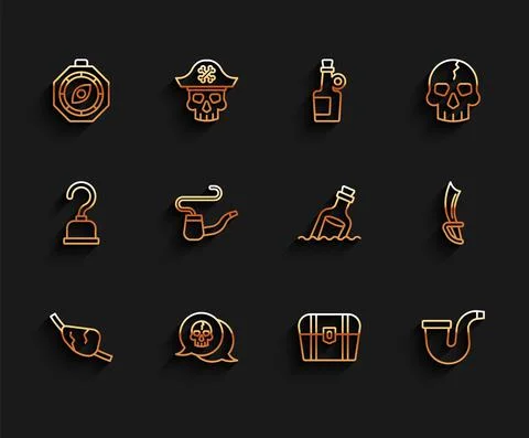 Set line Pirate eye patch, Skull, Compass, Antique treasure chest, Smoking pipe Stock Illustration