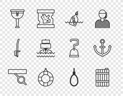 Set line Pirate eye patch, Wooden barrel, Bottle with message in water, Lifebuoy Stock Illustration