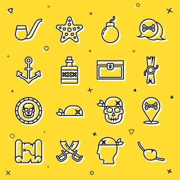 Set line Pirate eye patch, Location pirate, Decree, parchment, scroll, Bomb Stock Illustration