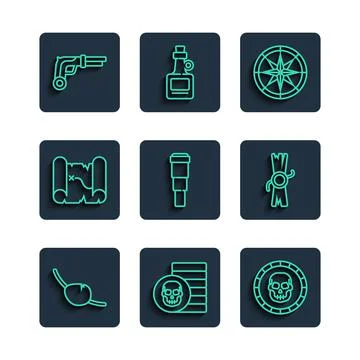 Set line Pirate eye patch, coin, Compass, Spyglass telescope lens, treasure map Stock Illustration