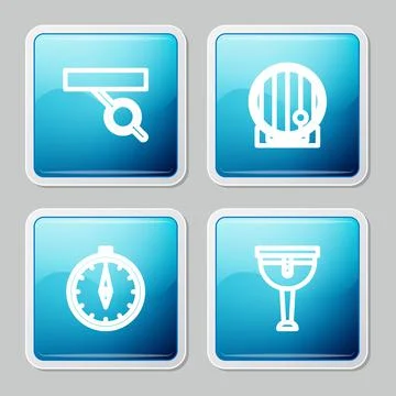 Set line Pirate eye patch, Wooden barrel, Compass and pirate leg icon. Vector Illustrazione stock