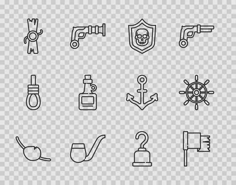 Set line Pirate eye patch, flag, Shield with pirate skull, Smoking pipe, Decree Stock Illustration