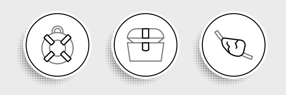 Set line Pirate eye patch, Lifebuoy and Antique treasure chest icon. Vector Stock Illustration