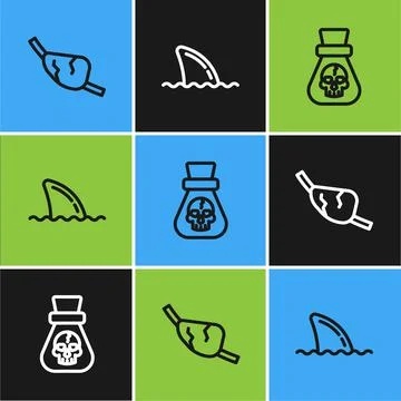 Set line Pirate eye patch, coin and Shark fin ocean wave icon. Vector 스톡 일러스트