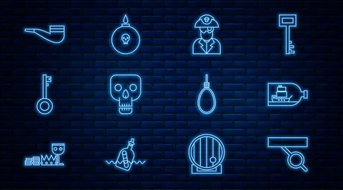 Set line Pirate eye patch, Bottle with ship inside, captain, Skull, key, Smoking Illustrazione stock