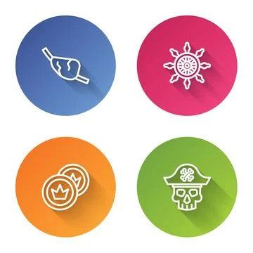 Set line Pirate eye patch, Ship steering wheel, coin and captain. Color circle Ilustración de archivo