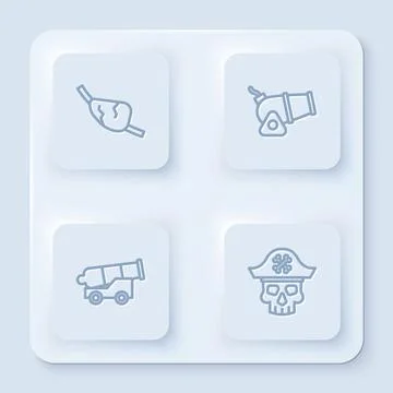 Set line Pirate eye patch, Cannon,  and captain. White square button. Vector Stock Illustration