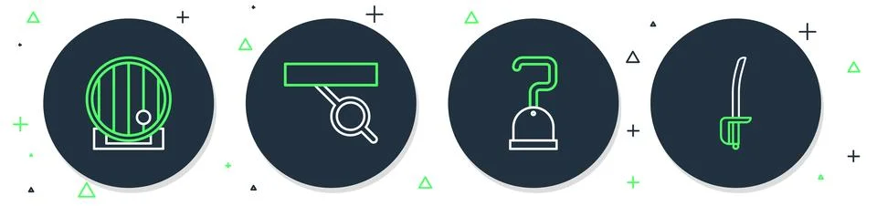 Set line Pirate eye patch, hook, Wooden barrel and sword icon. Vector Illustrazione stock