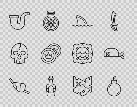 Set line Pirate eye patch, Bomb ready to explode, Shark fin in ocean wave, .. Stockillustratie