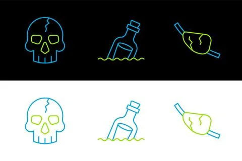 Set line Pirate eye patch, Skull and Bottle with message in water icon. Vecto Stock Illustration
