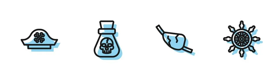Set line Pirate eye patch, hat, coin and Ship steering wheel icon. Vector Illustrazione stock