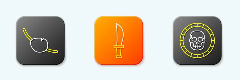 Set line Pirate eye patch, sword and coin icon. Vector 스톡 일러스트