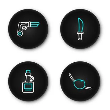 Set line Pirate eye patch, Alcohol drink Rum, sword and Vintage pistols ico.. Stock Illustration