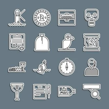 Set line Pirate eye patch, Sailor captain, treasure map, Antique chest, sac.. Stock Illustration