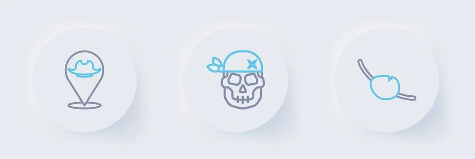 Set line Pirate eye patch, Skull and Location pirate icon. Vector Stock Illustration