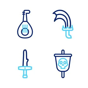 Set line Pirate flag, Dagger, Sword for game and Lute icon. Vector Stock Illustration