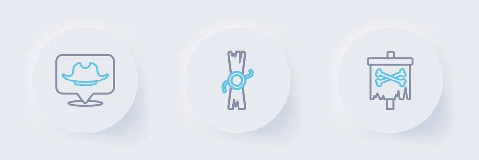 Set line Pirate flag, Decree, parchment, scroll and Location pirate icon. V.. Иллюстрация