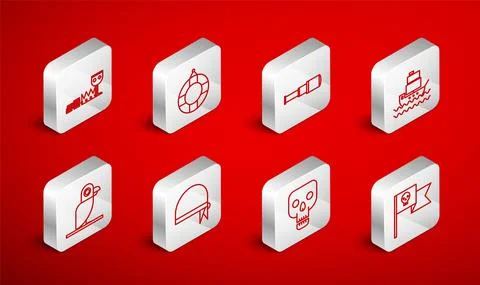 Set line Pirate flag with skull, Lifebuoy, Spyglass telescope lens, Ship, Skull Stock Illustration