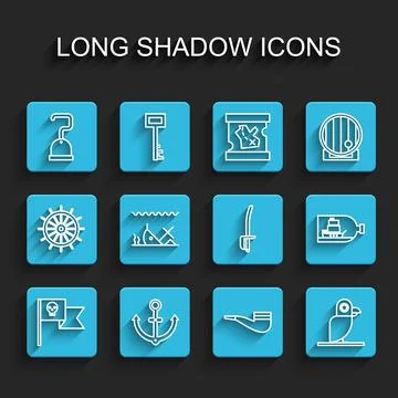 Set line Pirate flag with skull, Anchor, hook, Smoking pipe, parrot, Sunken ship Stock Illustration