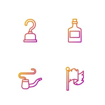 Set line Pirate flag, Smoking pipe, hook and Alcohol drink Rum. Gradient co.. Stock Illustration