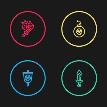 Set line Pirate flag, Sword for game, Bomb ready to explode and icon. Vector Stock Illustration
