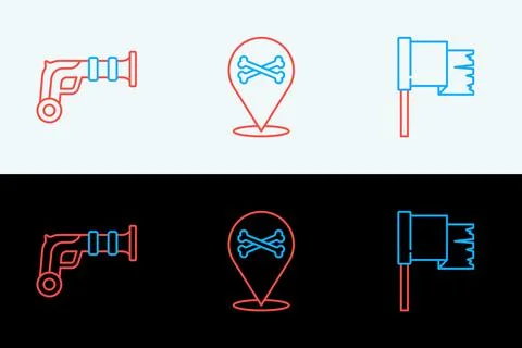 Set line Pirate flag, Vintage pistols and Location pirate icon. Vector Stock Illustration