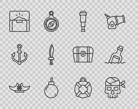 Set line Pirate hat, captain, Spyglass telescope lens, Bomb ready to explode イラスト素材