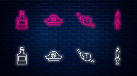 Set line Pirate hat, eye patch, Alcohol drink Rum and sword. Glowing neon icon Stock Illustration