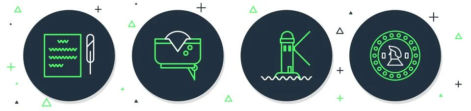 Set line Pirate hat, Lighthouse, Feather pen and scroll and coin icon. Vector Ilustración de archivo