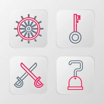 Set line Pirate hook, Crossed pirate swords, key and Ship steering wheel ic.. Stock Illustration